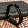 Schwarzes zweilagiges geflochtenes Lederarmband mit mattem schwarzem Magnetverschluss - Schwarz