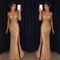 Elegantes goldenes Pailletten-Abendkleid mit hohem Schlitz und tiefem V-Ausschnitt - S / Gold