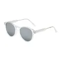 Detailed close-up of retro round sunglasses featuring a clear frame and silver lenses. - Clear Frame Silver Mirror Lens