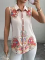 Detail einer ärmellosen Bluse mit Blumenmuster und lebhaftem Paisleymuster für Damen - S / Cremeweißes Vintage-Blumenmuster (WXCS-0006)