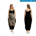 Robe longue noire ample à col en V avec imprimé chat 3D pour femme, style tendance - XS / Style Imprimé Chat Blanc (QL54301A02—A476)