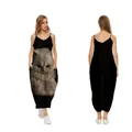 Trendy black V-neck loose camisole maxi dress with 3D white cat print for women - XS / White Cat Print Style (QL54301A02—A476)