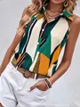 Ärmellose Damenbluse mit geometrischem Druck, sommerliches Freizeithemd mit Knöpfen - S / Abstrakter geometrischer Druck (WXCS-0008)