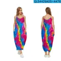 Robe longue à bretelles imprimée 3D avec col en V, poches et coupe décontractée. - XS / Style Éclaboussure Colorée (QL54429A05—A476)