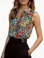 Detailed view of women's casual sleeveless summer shirt with vibrant floral print - Colorful Floral (WXCS-0010)