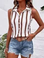 Close-up of white sleeveless button-down shirt with brown vertical stripes on model. - Brown Vertical Stripe (WXCS-0011)