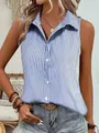 Detail shot of women's sleeveless blue striped button-down casual summer shirt. - Blue White Fine Stripe (WXCS-0012)