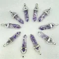Set of ten purple amethyst hexagonal crystal pillar pendants with silver-plated metal caps - Amethyst (Resin)