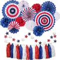 Patriotic USA party decoration set with red white blue paper fans and star banner - Independence Day Star Garland Kit