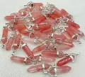 Natural pink crystal hexagonal column stone pendant with polished silver loop bail - Watermelon red