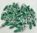 Green malachite pattern hexagonal crystal point pendants with silver-plated bails - Malachite