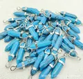 Blue turquoise style hexagonal column bullet crystal stone pendant with silver bail - Turquoise