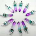 Teal and purple gradient natural crystal stone hexagonal column pendant necklace - Bicolor Glass 2