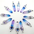 Hexagonal blue and purple gradient crystal column pendant with silver metal cap bail - Bicolor Glass 8