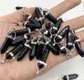 Black agate hexagonal crystal bullet pendants with silver-colored metal caps - Black Stone