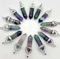 Natural fluorite crystal hexagonal pillar bullet point pendants in silver holder - Fluorite