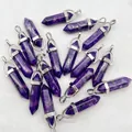 Purple natural crystal stone hexagonal bullet pendant necklace charm with silver metal bail - Tianshan Blue [Purple]