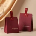 Elegant burgundy European wedding candy gift boxes with gold embossed Sweet Present text - Small / Wine Red Box + Flower Handle