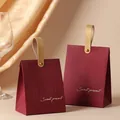 Elegant burgundy wedding candy gift bag with gold leather handle and gold script text - Small / Wine Red Box + Leather Handle