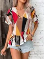 Stylish women's casual geometric print V-neck short sleeve blouse in a comfortable relaxed fit - S / Red