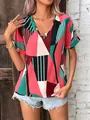 Colorful geometric print V-neck short sleeve loose fit pullover shirt for women casual wear - S / Pink