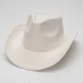 Elegant white suede western cowboy hat featuring a curled brim and teardrop crown design - Beige