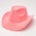 Retro pink suede cowboy hat with stylish curled brim for fashion and equestrian use. - Fluorescent Pink