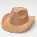 Classic brown suede western cowboy hat with vintage rolled brim and stitched edge - Camel
