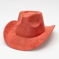 Retro western cowboy hat in red suede finish with rolled brim design. - Brick Red