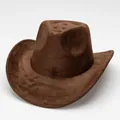 Vintage brown suede western cowboy hat with wide rolled brim for outdoor riding and style - Coffee