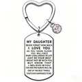 Close-up of engraved stainless steel heart keychain with sentimental message for daughter. - To Daughter Heart Pink Rhinestone Style (JPB-128)