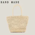 Handmade hollow-out woven handbag in natural beige for summer holidays - Beige Hollow Out (Without Lining)