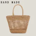Boho style beige woven straw handbag with hollow lattice design for beach vacation - Camel Hollow Out (Without Lining)