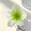Elegant plumeria flower hair claw clip with green gradient center for beach vacation style - 8cm White & Green