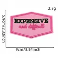 Pink hexagonal embroidered patch with Expensive and Difficult text and dimensions - Hexagon "EXPENSIVE" Style (6#)