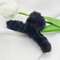Elegant black plush hair claw clip with soft faux fur texture for daily hair styling - 11cm Furry Ribbon Style / Black