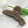 Elegant brown furry hair claw clip with soft plush texture for stylish hair styling - 11cm Furry Ribbon Style / Dark Coffee