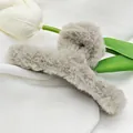 Elegant khaki faux fur hair claw clip for women's daily styling - 11cm Furry Ribbon Style / Gray