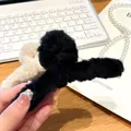 Elegant black plush hair claw clip with soft faux fur texture for women's hair styling - 13cm Furry Ribbon Style / Black