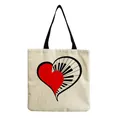 Stylish piano key heart print linen tote bag for women, casual foldable shoulder shopping bag - Piano Keyboard Red Heart Style (hm7316)