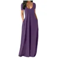 Detail view of a purple plus size V-neck short sleeve maxi dress with side pockets - S / Purple