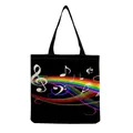 Macro view of musical note and rainbow print on black tote bag - Rainbow Arc Music Notes Black Style (hm7324)