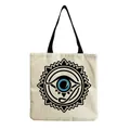 Close-up detail of a stylish linen tote bag featuring a bold blue eye graphic print - Black and Blue Evil Eye (hm2708)