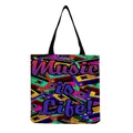 Detailed view of music cassette print tote bag with Music is Life slogan - Retro Tape Music Slogan Style (hm7333)