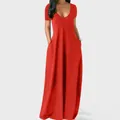 Elegant plus size women's solid red deep V-neck short sleeve maxi dress with pockets - S / Red