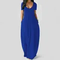 Elegant royal blue short sleeve maxi dress with deep V-neck and side pockets for women - S / Blue