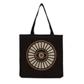Black canvas tote bag featuring a stylized eye graphic print in gold and cream - Black Round Eye Symbol (hm2715)