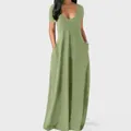 Casual solid olive green maxi dress featuring a deep V-neck and functional pockets - S / Light Green