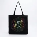 Close-up detail of the vibrant 'I LOVE MUSIC' print on a black foldable tote bag. - I LOVE MUSIC Graffiti Black Style (hm7341)