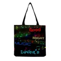 Detailed view of a black tote bag featuring colorful musical notes and stylish text prints - Black Background Colorful Notes Slogan Style (hm7343)